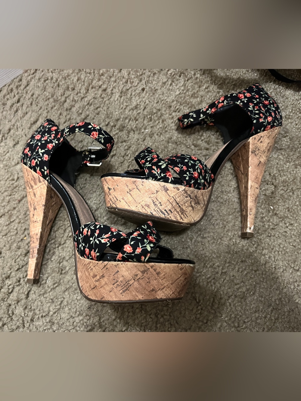 Charlotte Russe- Floral Black Cork Platform High Heels